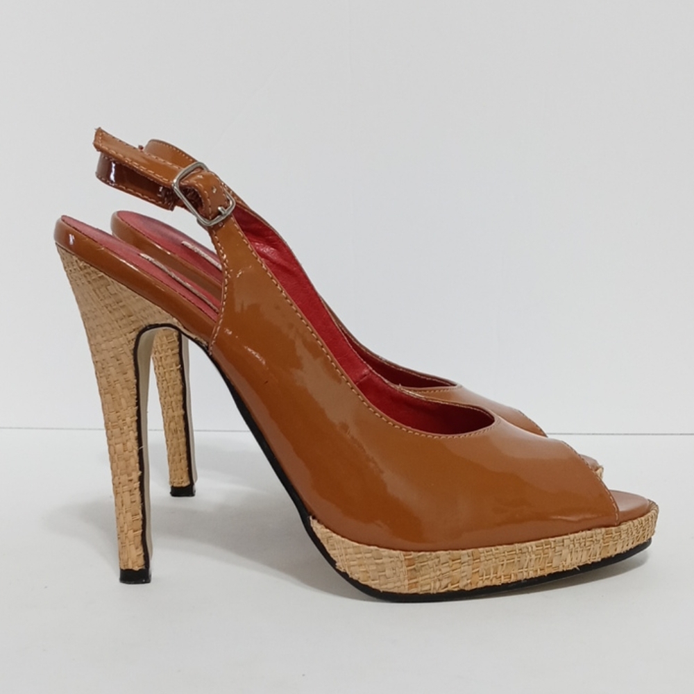 Micheal Antonio Patent Leather Peep-Toe Slingback Heels 7 Caramel Brown